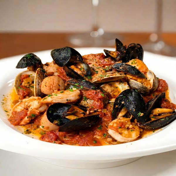 Seafood cioppino with mussels, clams, shrimp, and scallops in a rich tomato sauce.