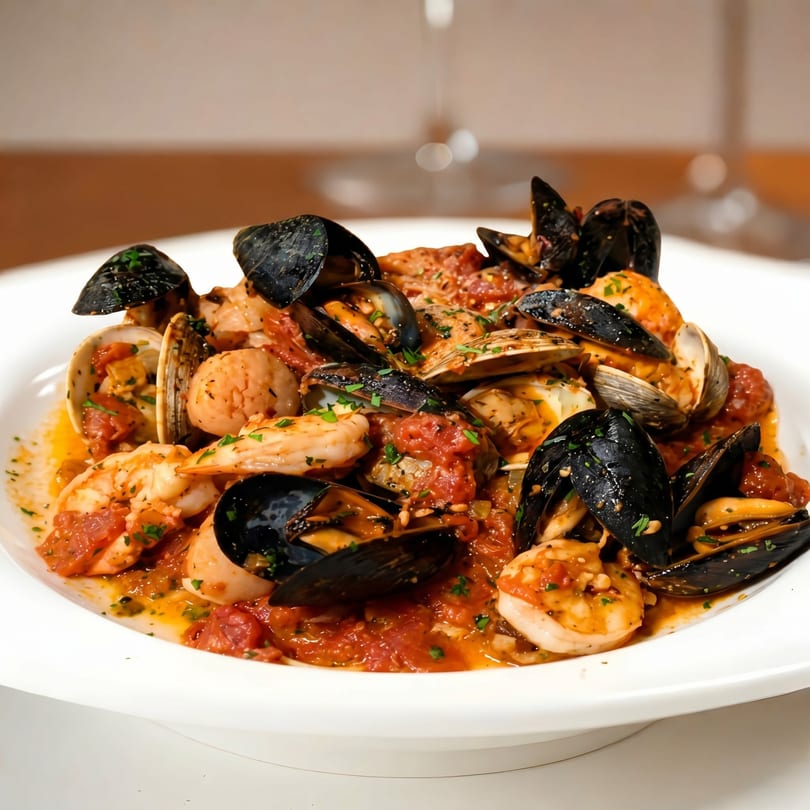 Seafood cioppino with mussels, clams, shrimp, and scallops in a rich tomato sauce.