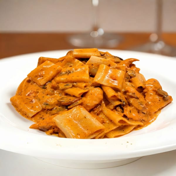 Close-up of pasta with a creamy orange sauce and mushrooms in a white bowl.