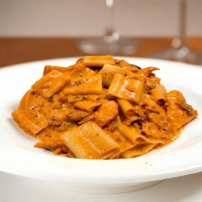 Close-up of pasta with a creamy orange sauce and mushrooms in a white bowl.