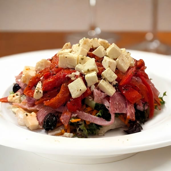 A vibrant salad with red peppers, feta cheese, olives, and deli meat on a white plate.
