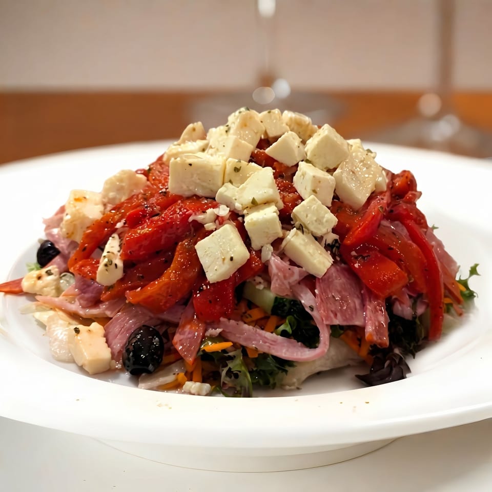 A vibrant salad with red peppers, feta cheese, olives, and deli meat on a white plate.