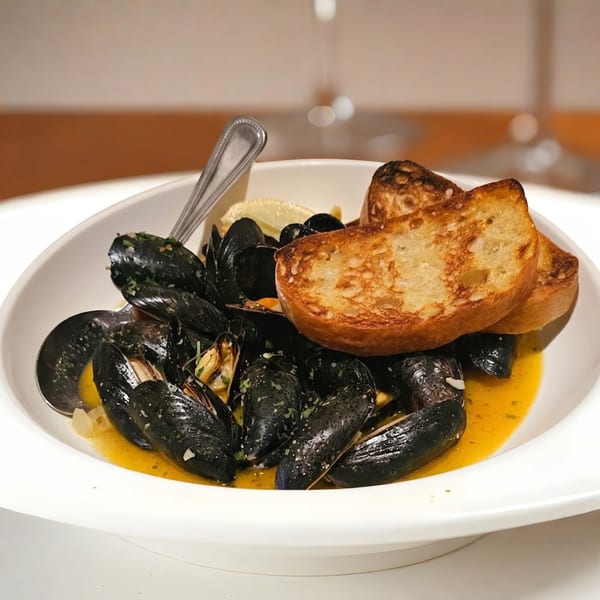 Steamed mussels in a yellow broth with lemon wedges and toasted bread in a white bowl.