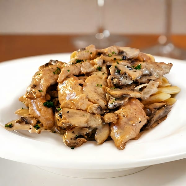 Creamy mushroom and chicken pasta dish, garnished with parsley, on a white plate.